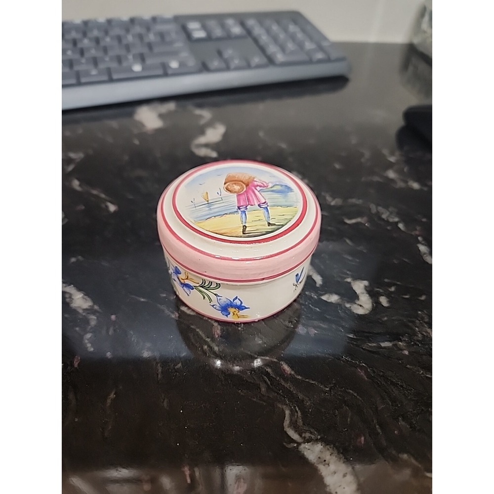 Vintage Small Hand Painted Trinket Box- Nantucket Basket & Flowers Signed France